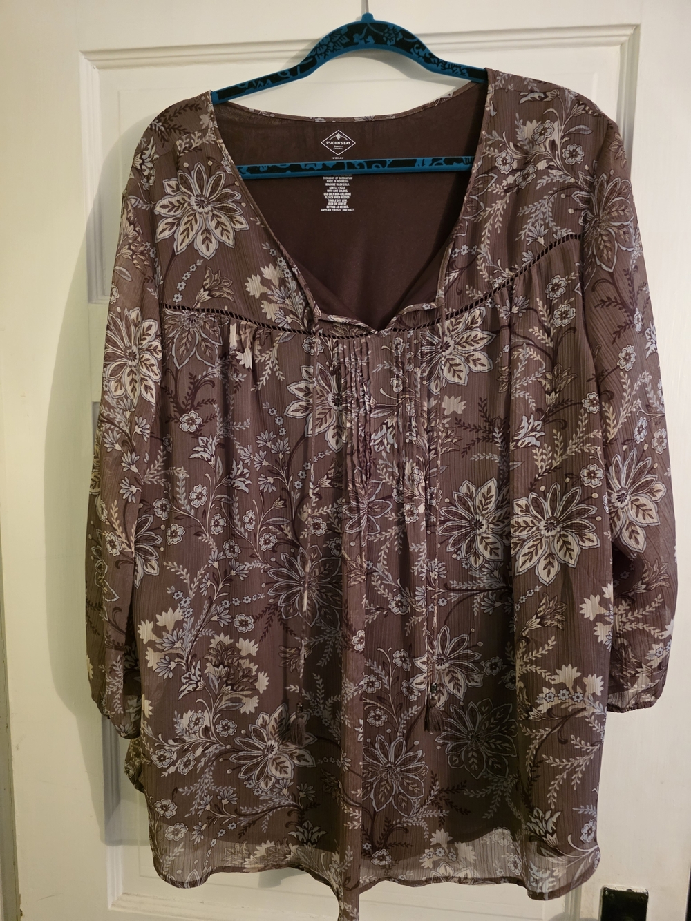 St. John's Bay Brown Floral V-Neck Peasant Blouse